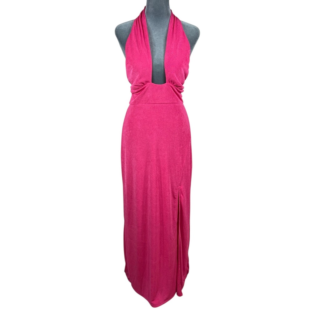 Hot Pink Halter Maxi Dress Sz L Plunging Backless Slit Coquette Y2K